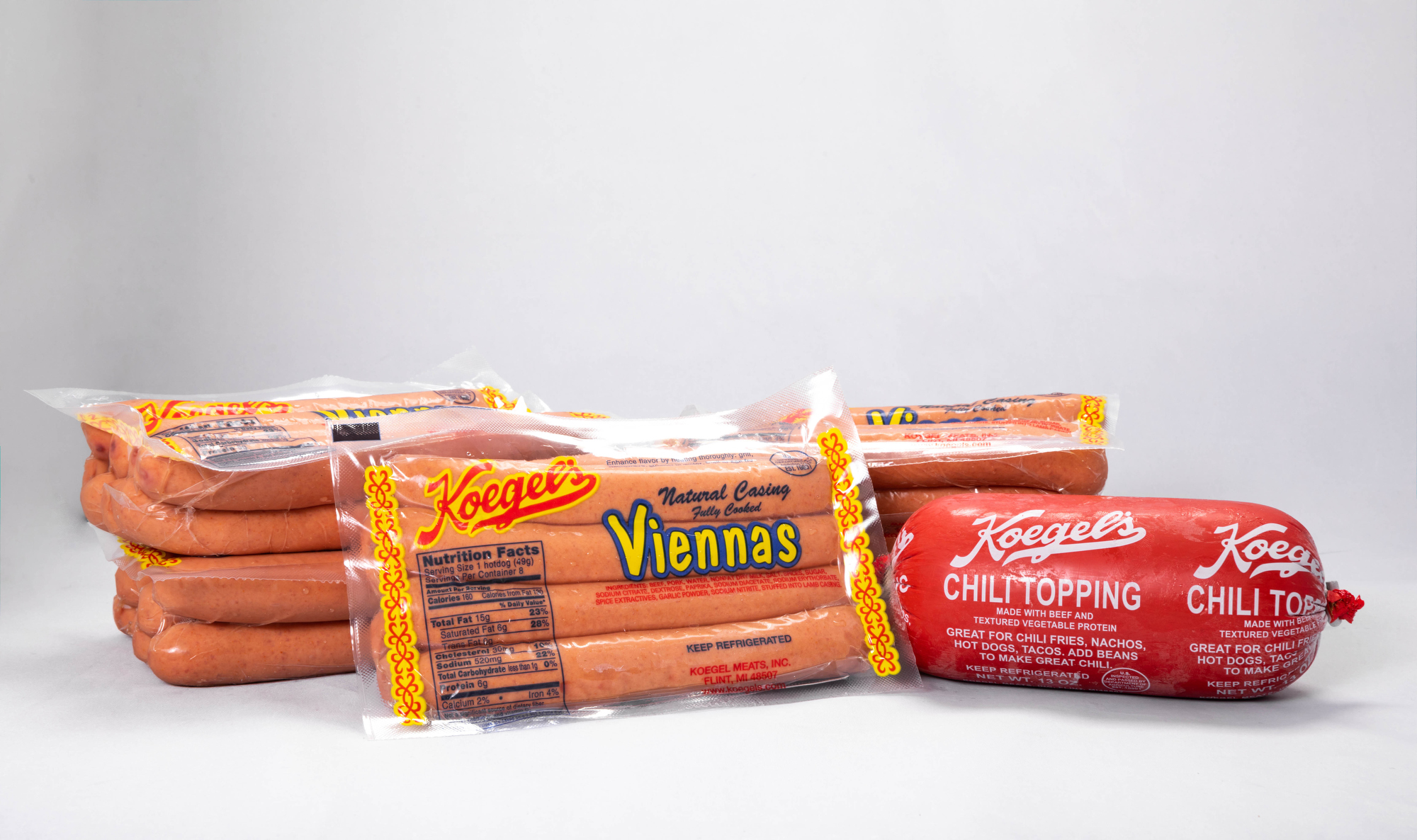 5 pks Koegel's Vienna Hot Dogs & 2 tubes of Coney Sauce. Gift Item No. 18.